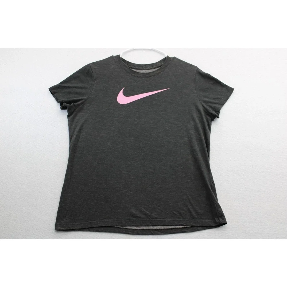 Nike Dri-Fit Gray Pink Swoosh Athletic T-Shirt Size L Running Workout Tee